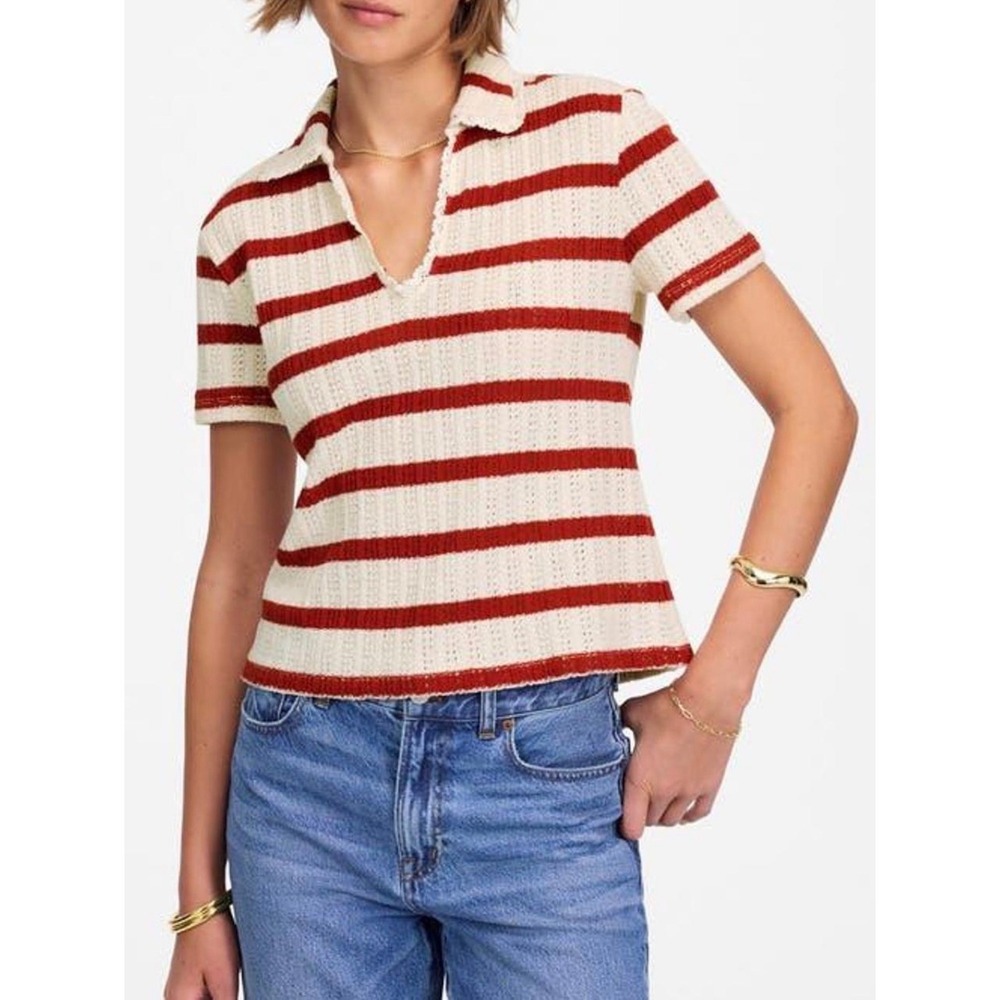 Madewell Bali Polo Pointelle Crochet Knit Red Ochre Striped Sweater Tee Large